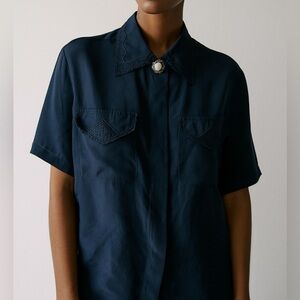 Vintage Kathy Che Size 10‎ Button Up Satin Blouse Dark Blue Embroidered Lace